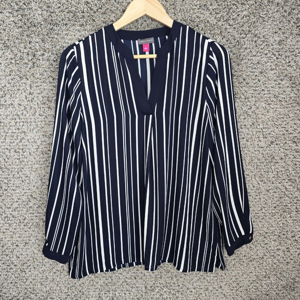 Vince Camuto Top Womens Small Navy Blue Striped Split Neck Semi Sheer Blouse